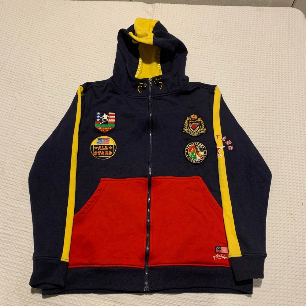 Krisp NYC Mens XL Full Zip Hoodie Navy Red Yellow Colorblock All Stars Patches
